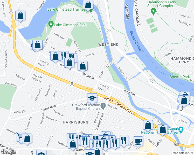 map of restaurants, bars, coffee shops, grocery stores, and more near 131 Eve Street in Augusta