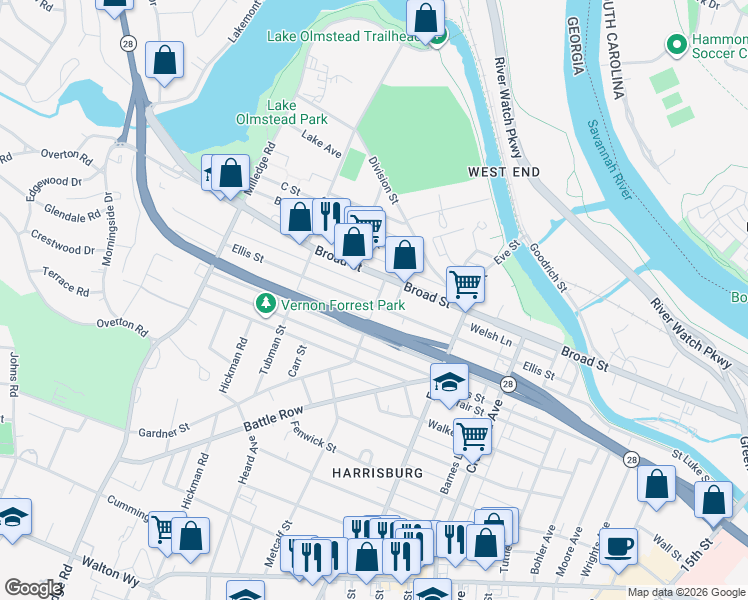 map of restaurants, bars, coffee shops, grocery stores, and more near 2017 Ellis Street in Augusta