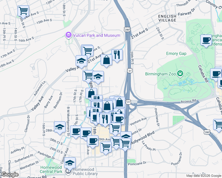 map of restaurants, bars, coffee shops, grocery stores, and more near 1831 25th Court South in Birmingham