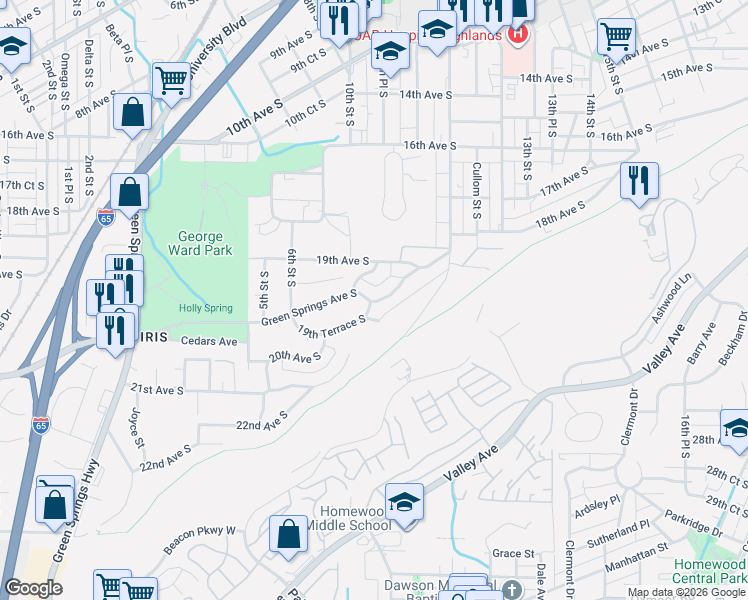 map of restaurants, bars, coffee shops, grocery stores, and more near 1020 Green Springs Avenue South in Birmingham