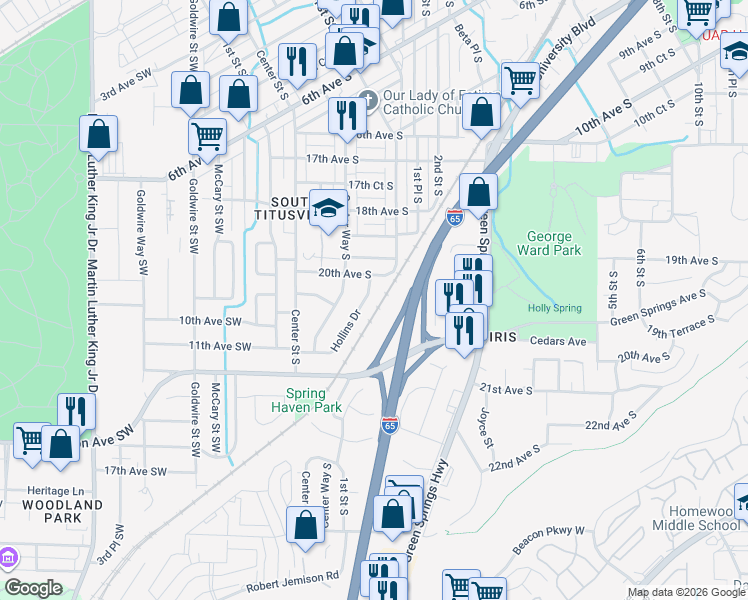 map of restaurants, bars, coffee shops, grocery stores, and more near 2005 Hollins Drive in Birmingham