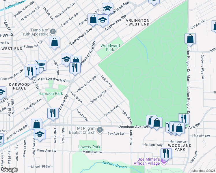 map of restaurants, bars, coffee shops, grocery stores, and more near 1144 14th Place Southwest in Birmingham