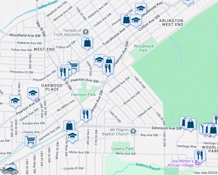 map of restaurants, bars, coffee shops, grocery stores, and more near 1013 15th Way Southwest in Birmingham