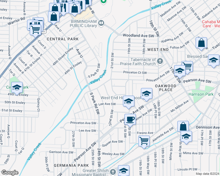 map of restaurants, bars, coffee shops, grocery stores, and more near 212 21st Street Southwest in Birmingham