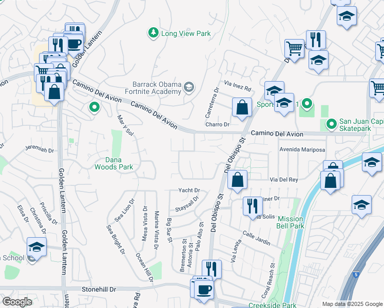 map of restaurants, bars, coffee shops, grocery stores, and more near 32821 Shipside Drive in Dana Point