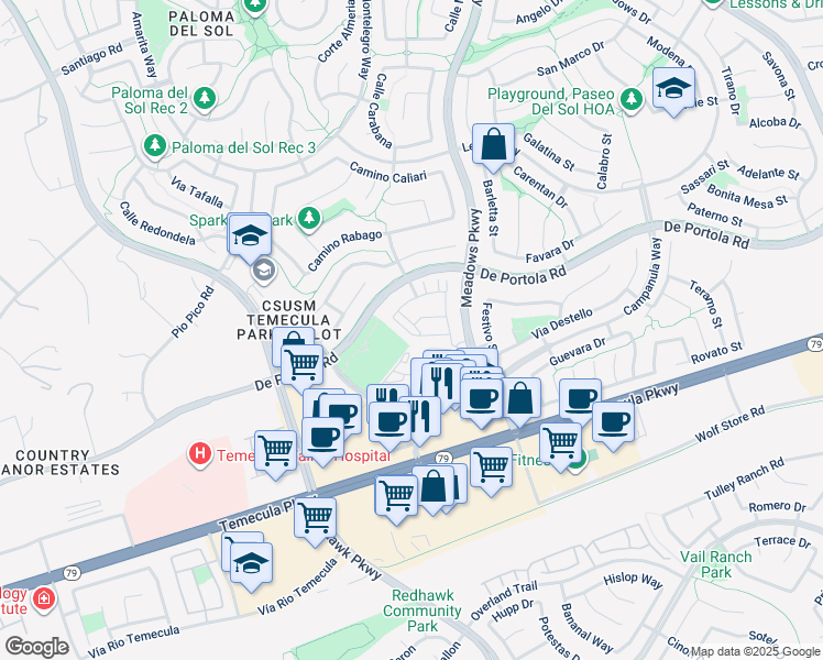 map of restaurants, bars, coffee shops, grocery stores, and more near 44118 Calle Luz in Temecula