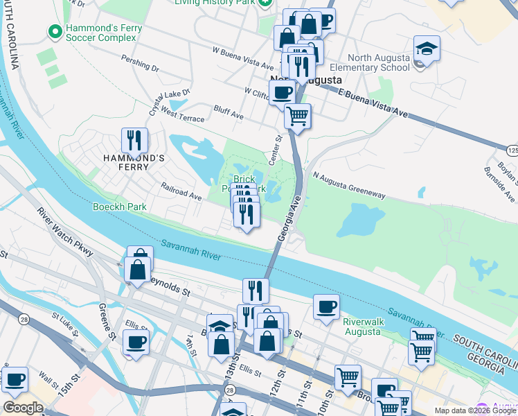map of restaurants, bars, coffee shops, grocery stores, and more near Center Street in North Augusta
