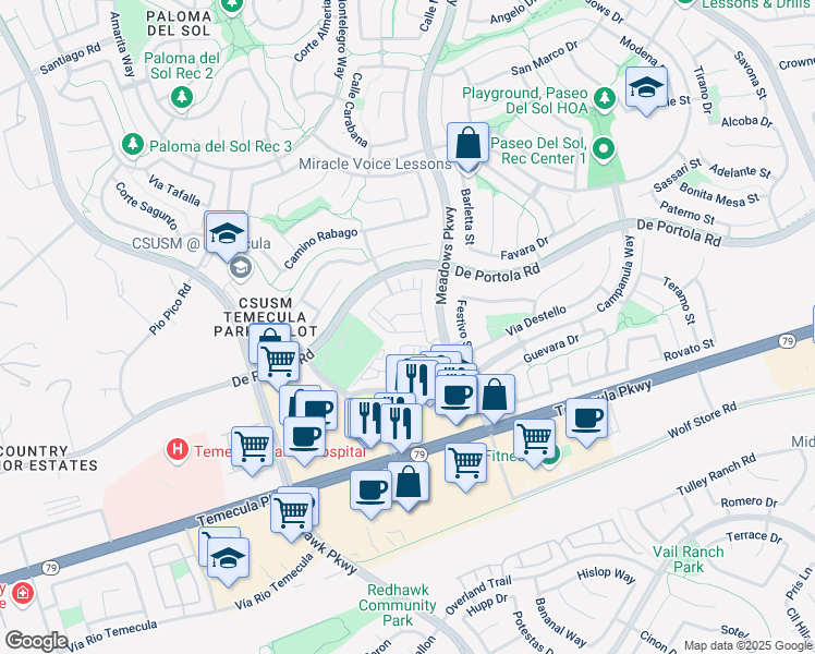 map of restaurants, bars, coffee shops, grocery stores, and more near 31884 Calle Luz in Temecula