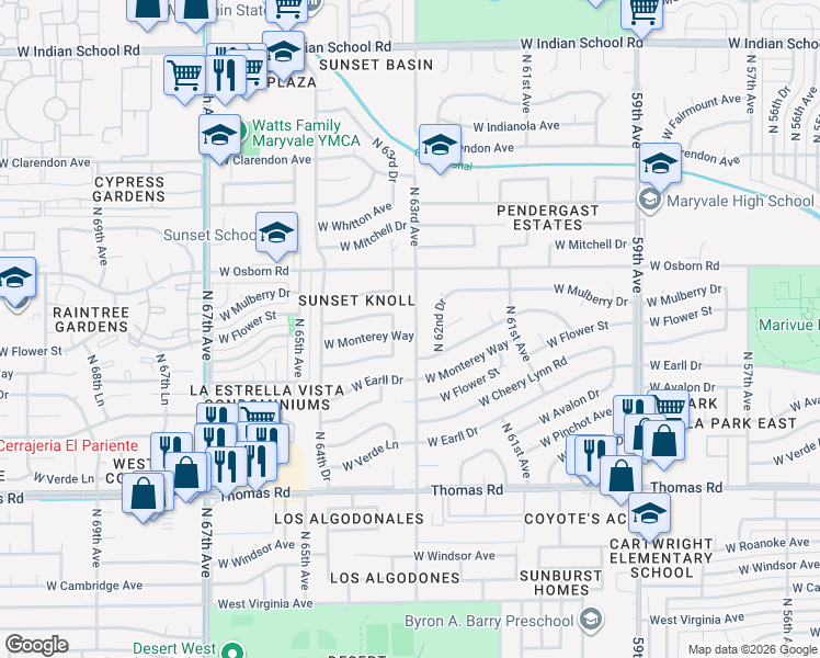 map of restaurants, bars, coffee shops, grocery stores, and more near 3310 North 63rd Avenue in Phoenix