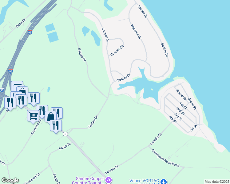 map of restaurants, bars, coffee shops, grocery stores, and more near 100 Broad River Drive in Santee