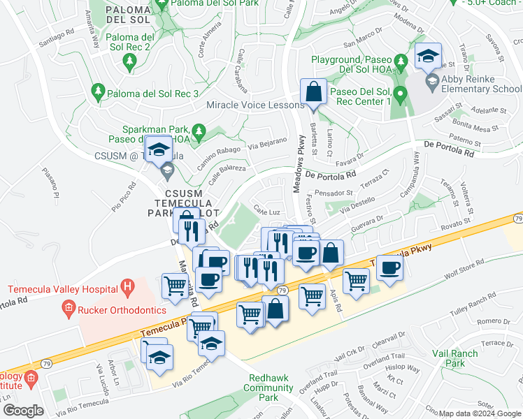 map of restaurants, bars, coffee shops, grocery stores, and more near 44118 Calle Luz in Temecula
