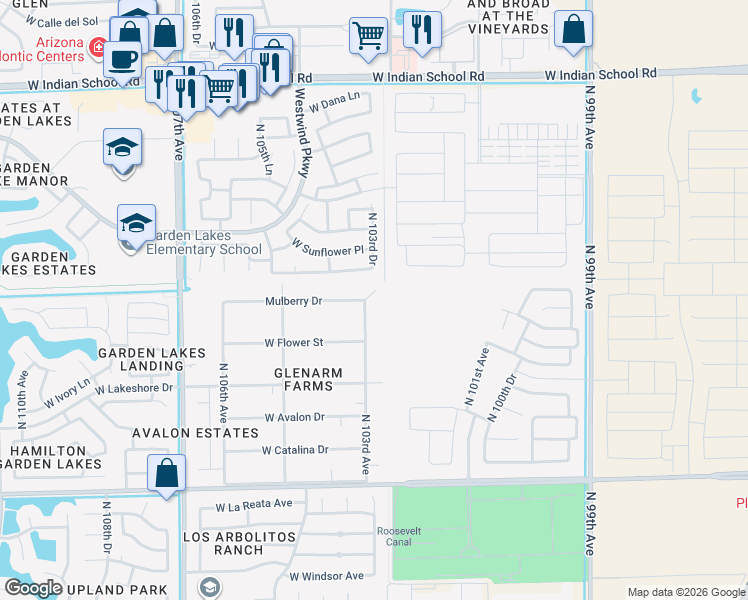 map of restaurants, bars, coffee shops, grocery stores, and more near 3323 North 103rd Avenue in Avondale