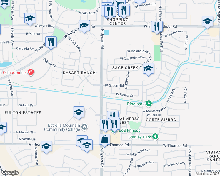 map of restaurants, bars, coffee shops, grocery stores, and more near 3376 North 130th Avenue in Avondale