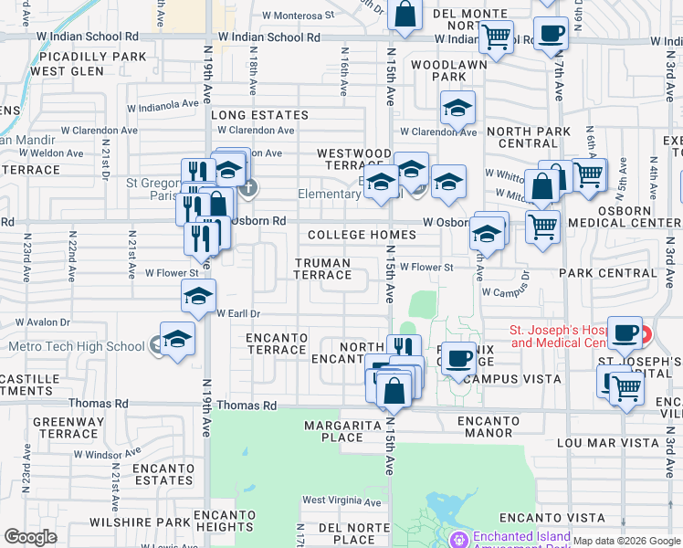 map of restaurants, bars, coffee shops, grocery stores, and more near 1601 West Flower Circle North in Phoenix