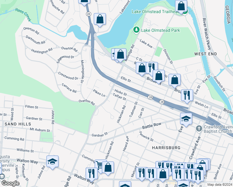 map of restaurants, bars, coffee shops, grocery stores, and more near 2169 Telfair Street in Augusta