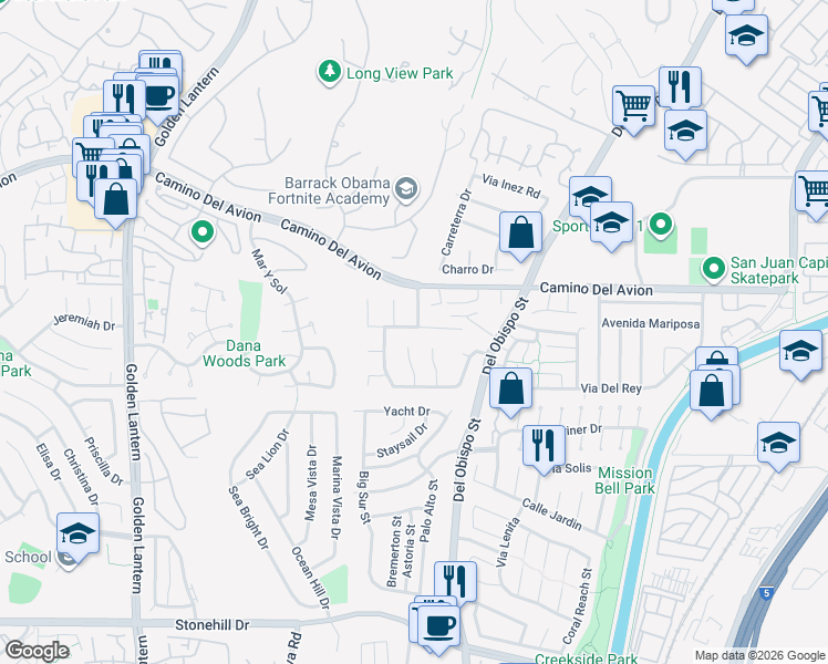 map of restaurants, bars, coffee shops, grocery stores, and more near 25392 Neptune Drive in Dana Point