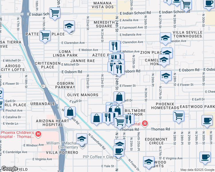 map of restaurants, bars, coffee shops, grocery stores, and more near 2308 East Flower Street in Phoenix