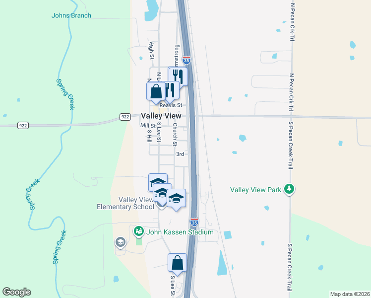 map of restaurants, bars, coffee shops, grocery stores, and more near 307 North Frontage Road in Valley View