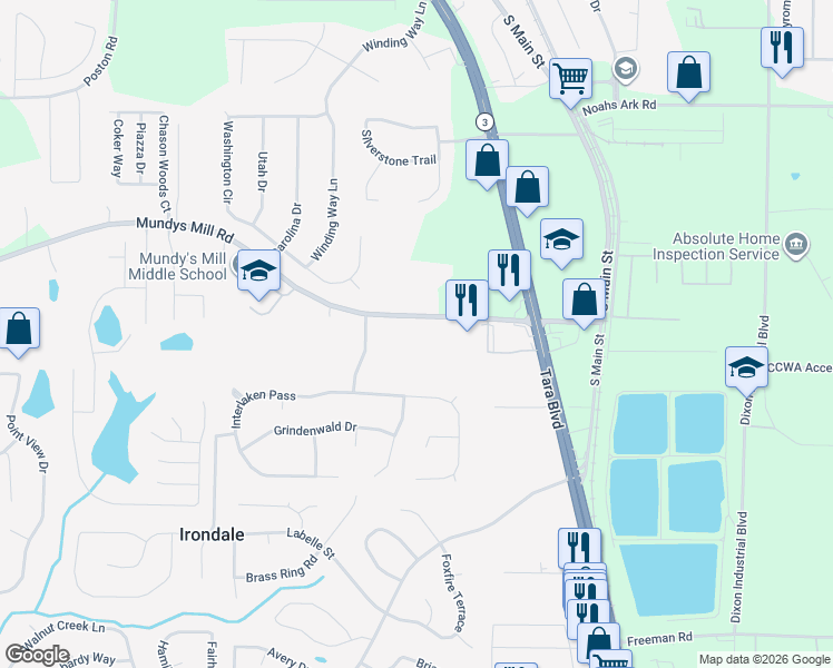 map of restaurants, bars, coffee shops, grocery stores, and more near 1419 Mundys Mill Road in Jonesboro