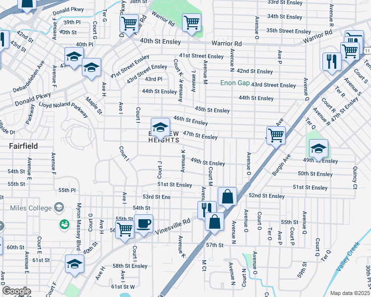 map of restaurants, bars, coffee shops, grocery stores, and more near 1101 48th Street Ensley in Birmingham