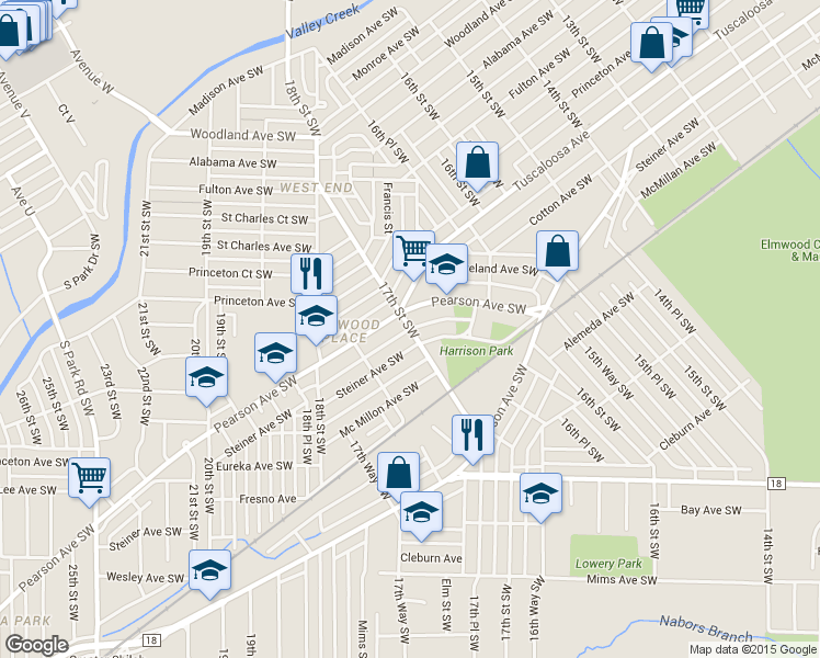 map of restaurants, bars, coffee shops, grocery stores, and more near Steiner Alley in Birmingham