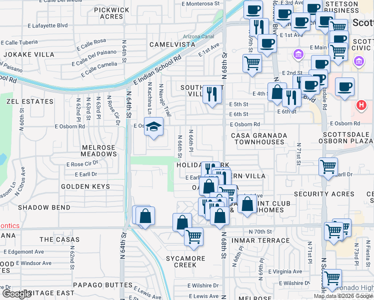 map of restaurants, bars, coffee shops, grocery stores, and more near 3230 North 66th Place in Scottsdale