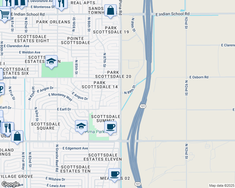 map of restaurants, bars, coffee shops, grocery stores, and more near 8744 East Angus Drive in Scottsdale