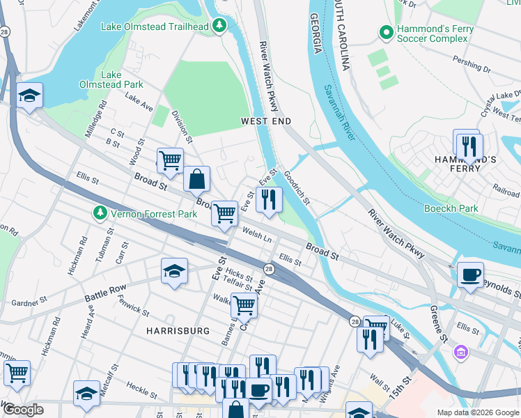 map of restaurants, bars, coffee shops, grocery stores, and more near 1833 Broad Street in Augusta