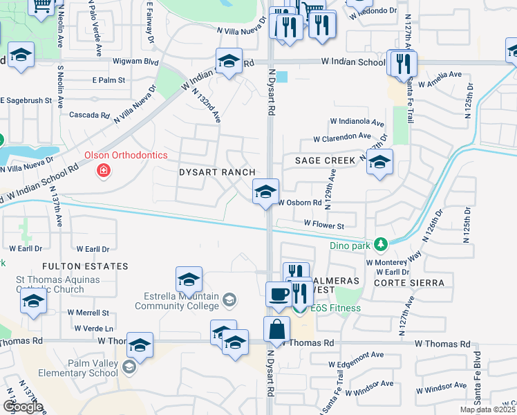 map of restaurants, bars, coffee shops, grocery stores, and more near 3400 North Dysart Road in Avondale