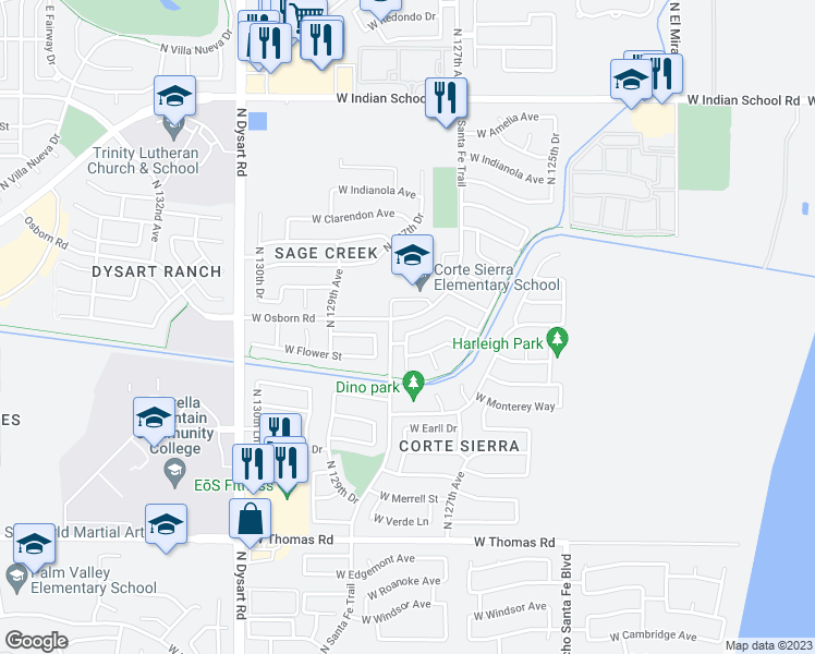 map of restaurants, bars, coffee shops, grocery stores, and more near 12746 West Hollyhock Drive in Avondale