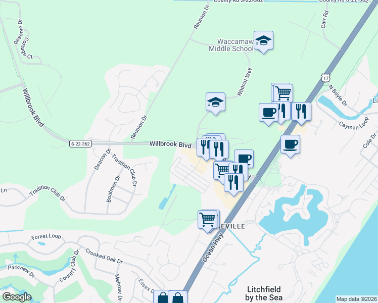 map of restaurants, bars, coffee shops, grocery stores, and more near 42 Lumbee Circle in Pawleys Island