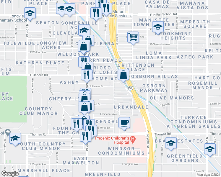 map of restaurants, bars, coffee shops, grocery stores, and more near 1741 East Flower Street in Phoenix