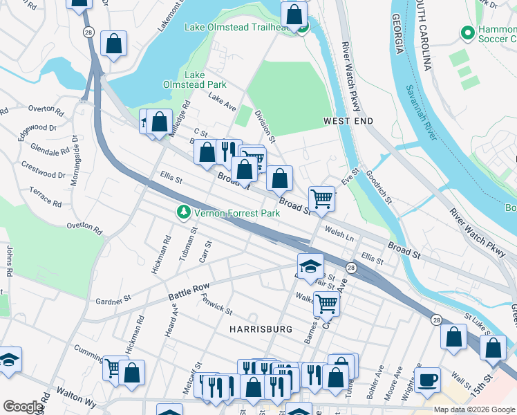 map of restaurants, bars, coffee shops, grocery stores, and more near 2017 Ellis Street in Augusta