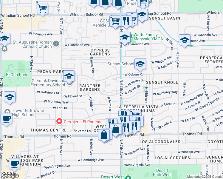 map of restaurants, bars, coffee shops, grocery stores, and more near North 67th Drive in Phoenix