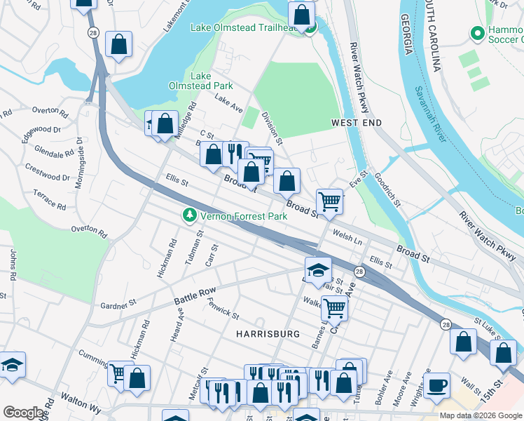 map of restaurants, bars, coffee shops, grocery stores, and more near 2009 Ellis Street in Augusta