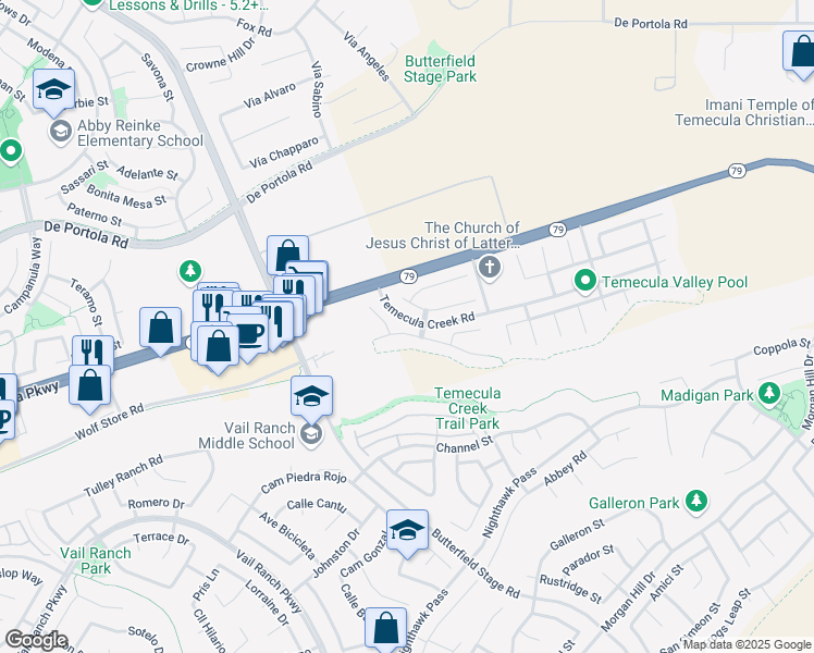 map of restaurants, bars, coffee shops, grocery stores, and more near 33560 Blue Water Way in Temecula