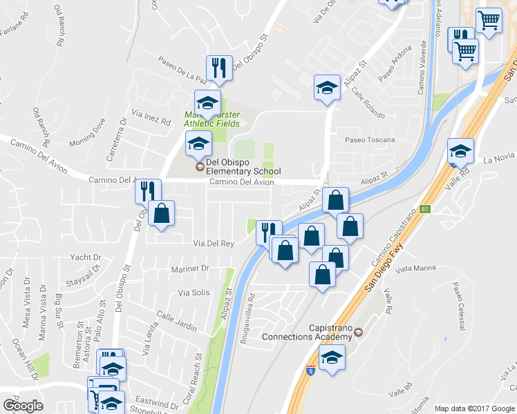 map of restaurants, bars, coffee shops, grocery stores, and more near 26012 Avenida Mariposa in San Juan Capistrano