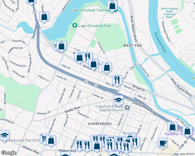 map of restaurants, bars, coffee shops, grocery stores, and more near 2009 Ellis Street in Augusta