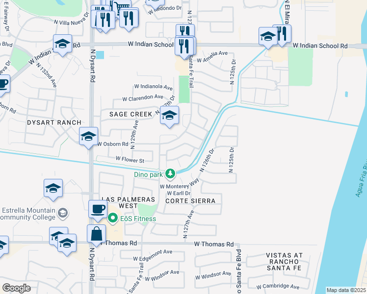 map of restaurants, bars, coffee shops, grocery stores, and more near 12726 West Hollyhock Drive in Avondale