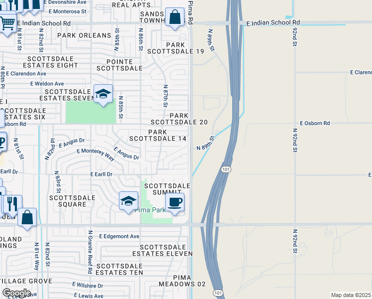 map of restaurants, bars, coffee shops, grocery stores, and more near 8744 East Angus Drive in Scottsdale