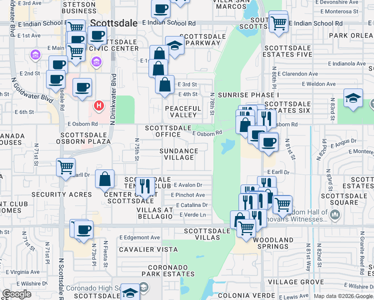 map of restaurants, bars, coffee shops, grocery stores, and more near 7701 East Osborn Road in Scottsdale
