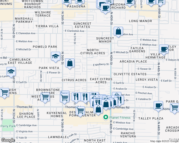 map of restaurants, bars, coffee shops, grocery stores, and more near 3202 North 39th Street in Phoenix