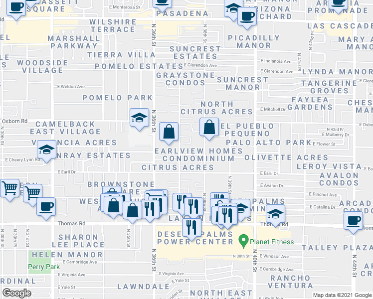 map of restaurants, bars, coffee shops, grocery stores, and more near 3141 North 37th Street in Phoenix