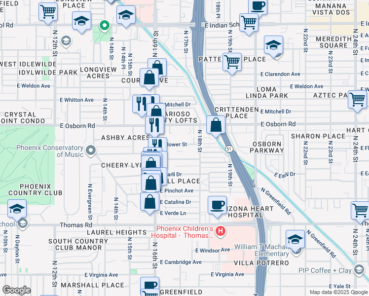 map of restaurants, bars, coffee shops, grocery stores, and more near 1725 East Flower Street in Phoenix