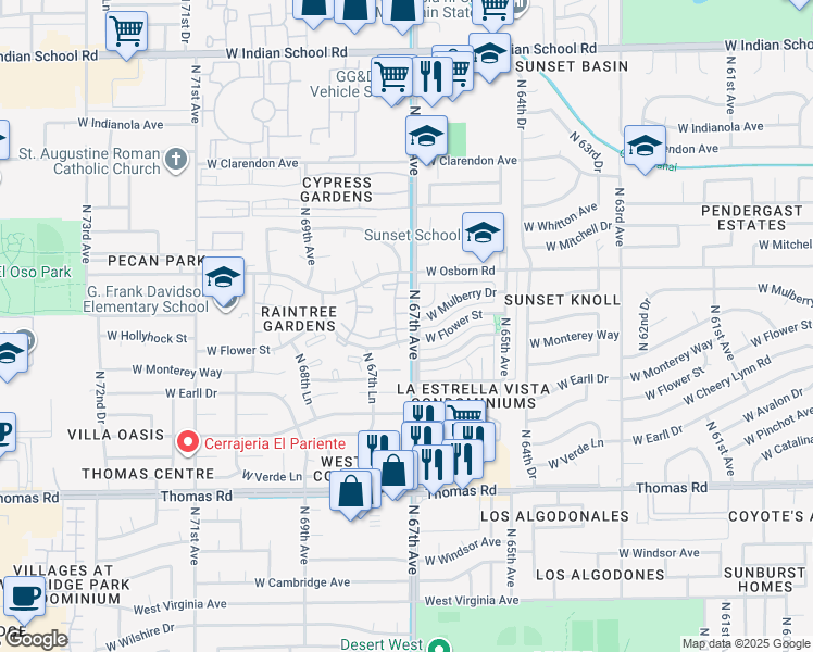 map of restaurants, bars, coffee shops, grocery stores, and more near 6643 West Mulberry Drive in Phoenix