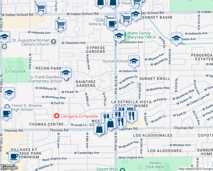 map of restaurants, bars, coffee shops, grocery stores, and more near North 67th Drive in Phoenix