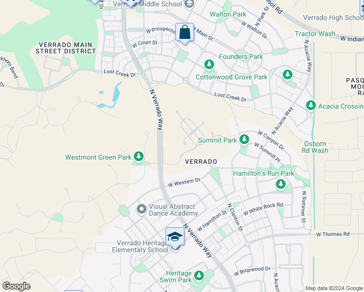 map of restaurants, bars, coffee shops, grocery stores, and more near 3496 North Boulder Court in Buckeye