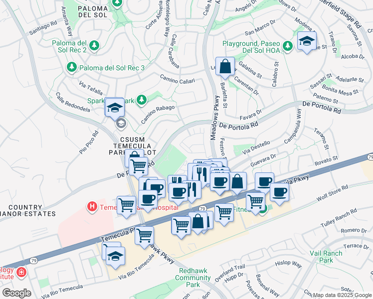 map of restaurants, bars, coffee shops, grocery stores, and more near 44158 Calle Ciuita in Temecula