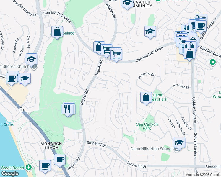 map of restaurants, bars, coffee shops, grocery stores, and more near 17 Marquesa in Dana Point