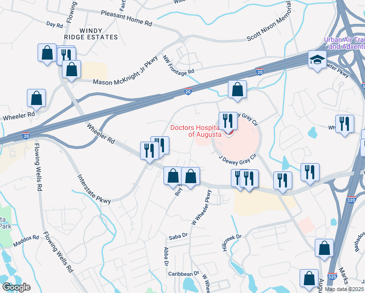 map of restaurants, bars, coffee shops, grocery stores, and more near 1131 Garredd Boulevard in Augusta